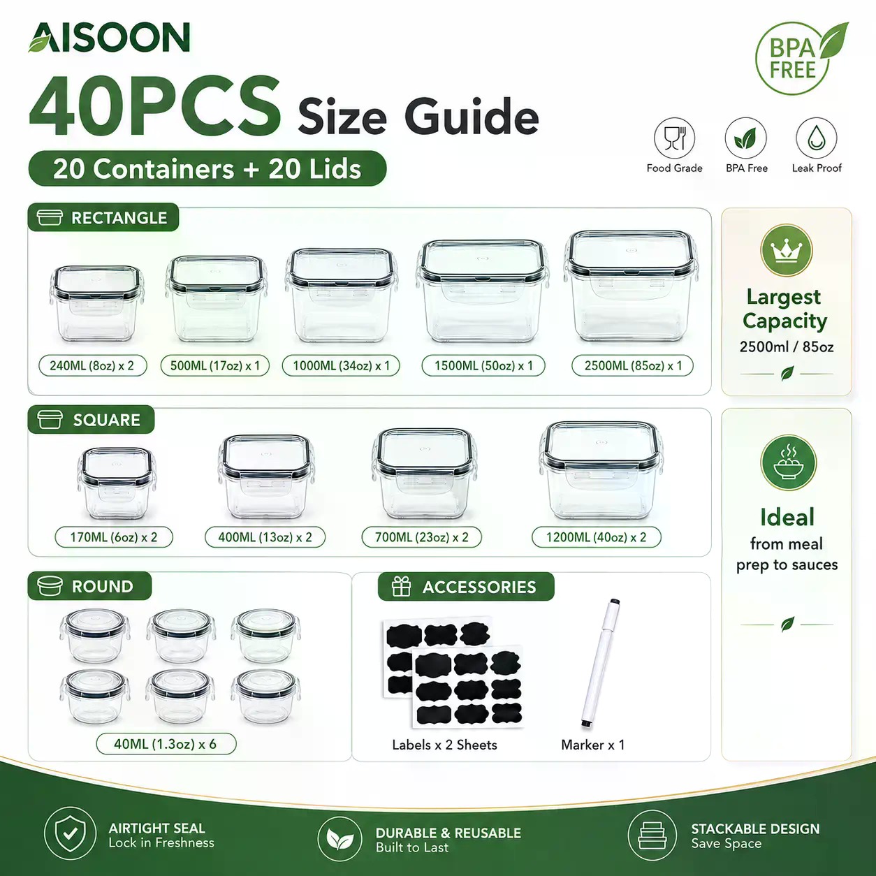 40개입 초대형 85oz 실리콘 밀폐 식품 보관 용기  - Meal Prep Containers 리뷰 및 가격